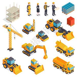 等距結(jié)構(gòu)集與孤立圖像的橙色車輛,建筑機械材料,人類特征的建設(shè)者矢量
